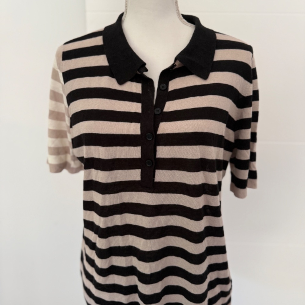 AKRIS Punto Striped Linen Collard Polo Short Sleeve Top